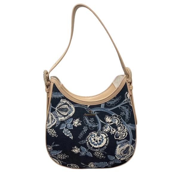 Spartina 449 Handbags - Spartina 449 Bella Hobo Oyster Factory Blue White Cream Linen Leather Hobo Bag